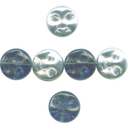 10mm Transparent Cobalt Blue w/ Silver Wash Vitrail Pressed Glass Moon Face COIN / DISC Beads