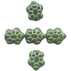 11x13mm Opaque Green w/ Gold Etch Czech Pressed Glass TURTLE Beads