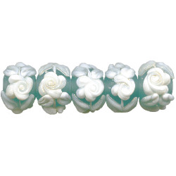 9x11mm *Antique Ivory on Turquoise Cameo Roses* Floral Lampwork RONDELL Beads - Heather Davis