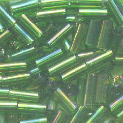1/16" x 3/16" (4mm) BUGLE BEADS: Trans. Emerald Irid.