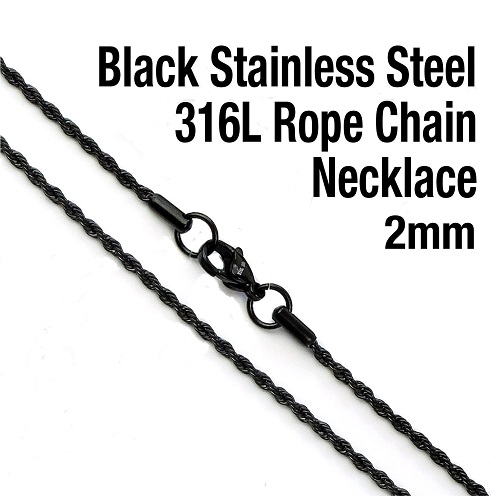 22" Finished Black Plated Stainless Steel 316L, 2mm FRENCH ROPE CHAIN Necklace with Lobster Claw Clasp