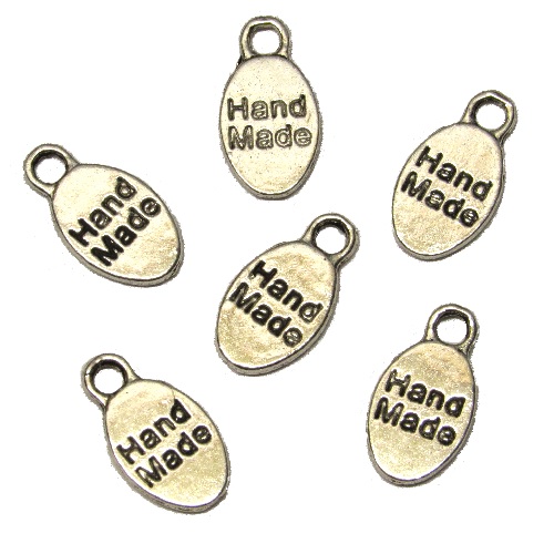 8x15mm "HAND MADE" Jewerly Tag Charms, Double-Sided, Oval - Silver Tone