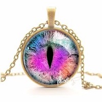 25mm Dia. Purple Dragon/Cat's Eye Digital Art Pendant Necklace - Antiqued Bronze