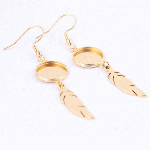 12mm Round BEZEL SETTING FEATHER EARRING Components, Gold-Plated