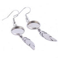 12mm Round BEZEL SETTING FEATHER EARRING Components, Silver-Plated