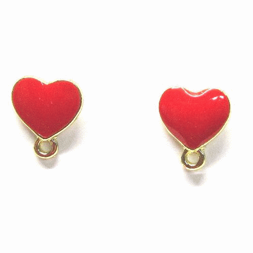 10x12mm Enameled & Gold Plated HEART-Shaped EARRING POST & CLUTCH Components With Loop ~ Red