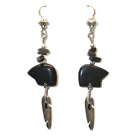 Wire Hook Earrings: Native Style Zuni Bear Fetish Dangles ~ Blackstone (Black Jasper)