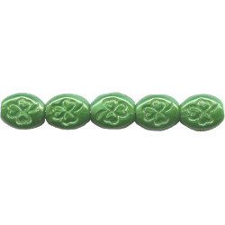 8.5x10mm Pressed Glass Green Satin OVAL Shamrock Beads