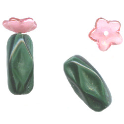 15mm Opaque Green & Pink Pressed Glass 2-Piece BARREL CACTUS Charm / Bead Set