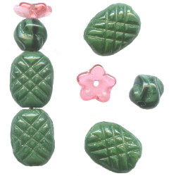 40mm Opaque Green & Pink Pressed Glass 4-Bead PRICKLY PEAR CACTUS Charm / Bead Set