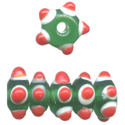 5x12mm Green, Red & White Lampwork Bumpy RONDELL / SPACER Beads