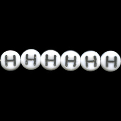 6mm Opaque White w/Black Czech Pressed Glass Alphabet DISC Beads - "H"