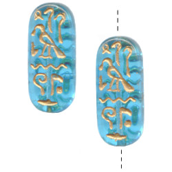 10x25mm Transparent Capri Blue w/ Gold Etch Pressed Glass EGYPTIAN CARTOUCHE Beads