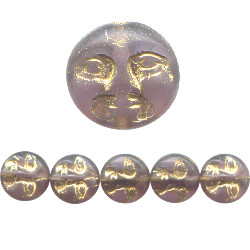 10mm Transparent Purple Matte w/Gold Etch Pressed Glass MOONFACE DISC Beads
