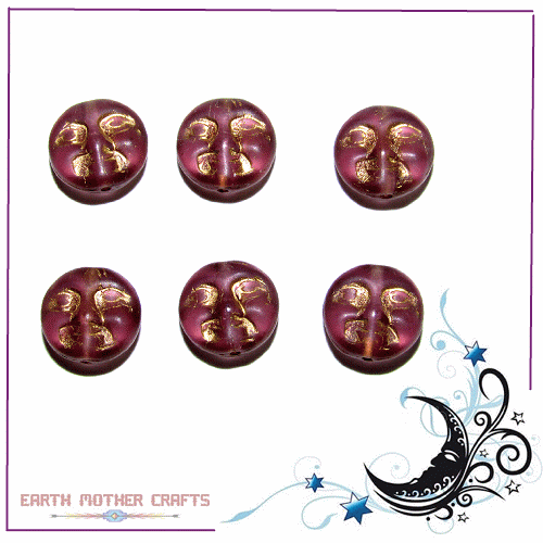 10mm Transparent Purple Matte w/Gold Etch Pressed Glass MOONFACE DISC Beads