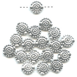 2x10mm Silver Plated Pewter (Antiqued / Oxidized) Primitive Spiral Flat DISC / COIN Beads