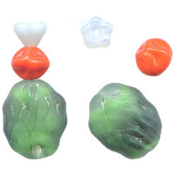 25mm Green, Orange & White *Vintage* German Pressed Glass 3-Piece BEAVERTAIL CACTUS Charm / Bead Set